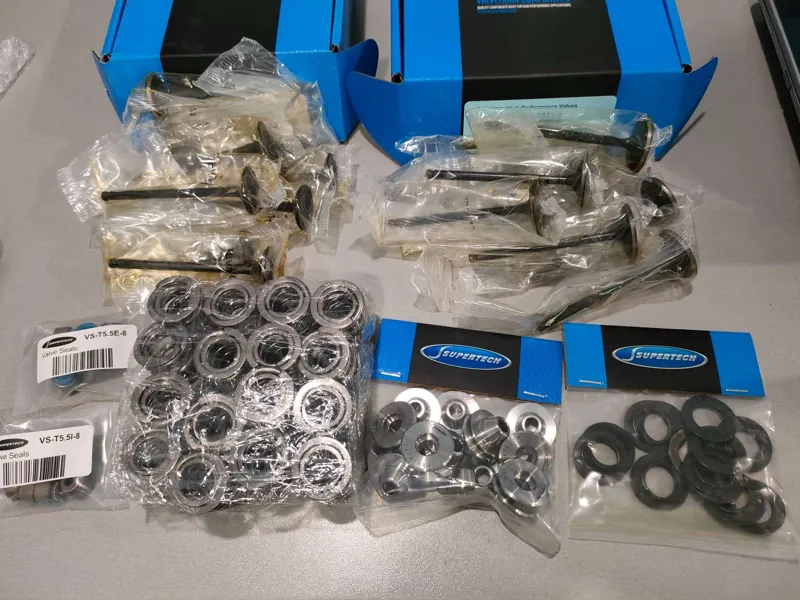 Engine components laid out for assembly