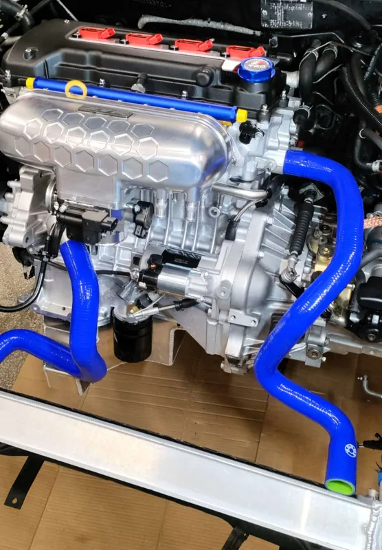 Assembled engine and cooling connections